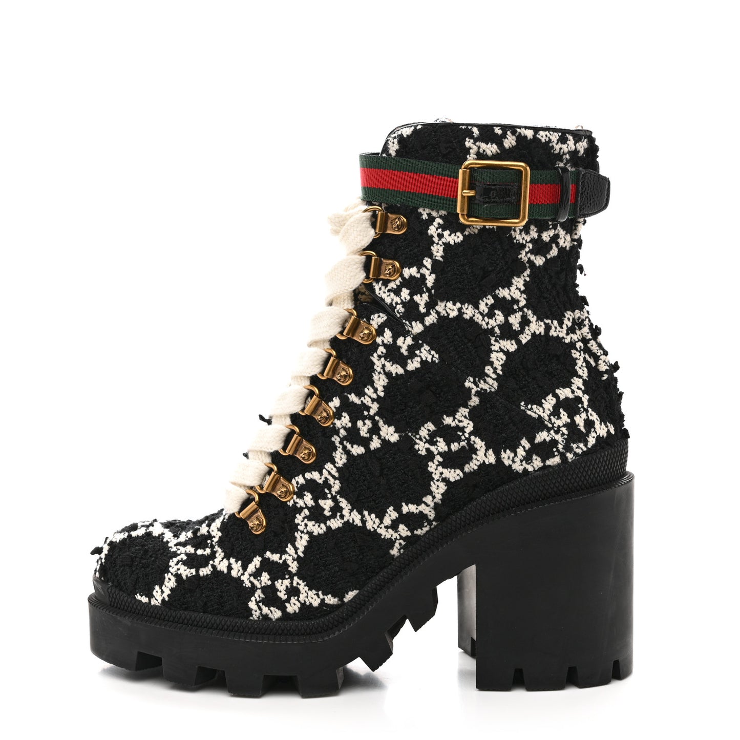 Tweed GG Monogram Lace Up Combat Ankle Boots 37 Black