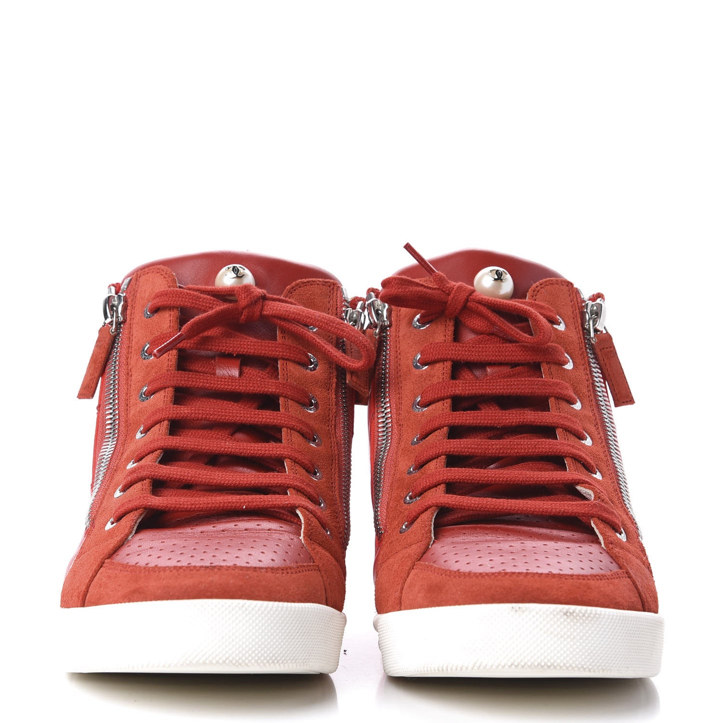 Calfskin Pearl High Top CC Sneakers 39 Red