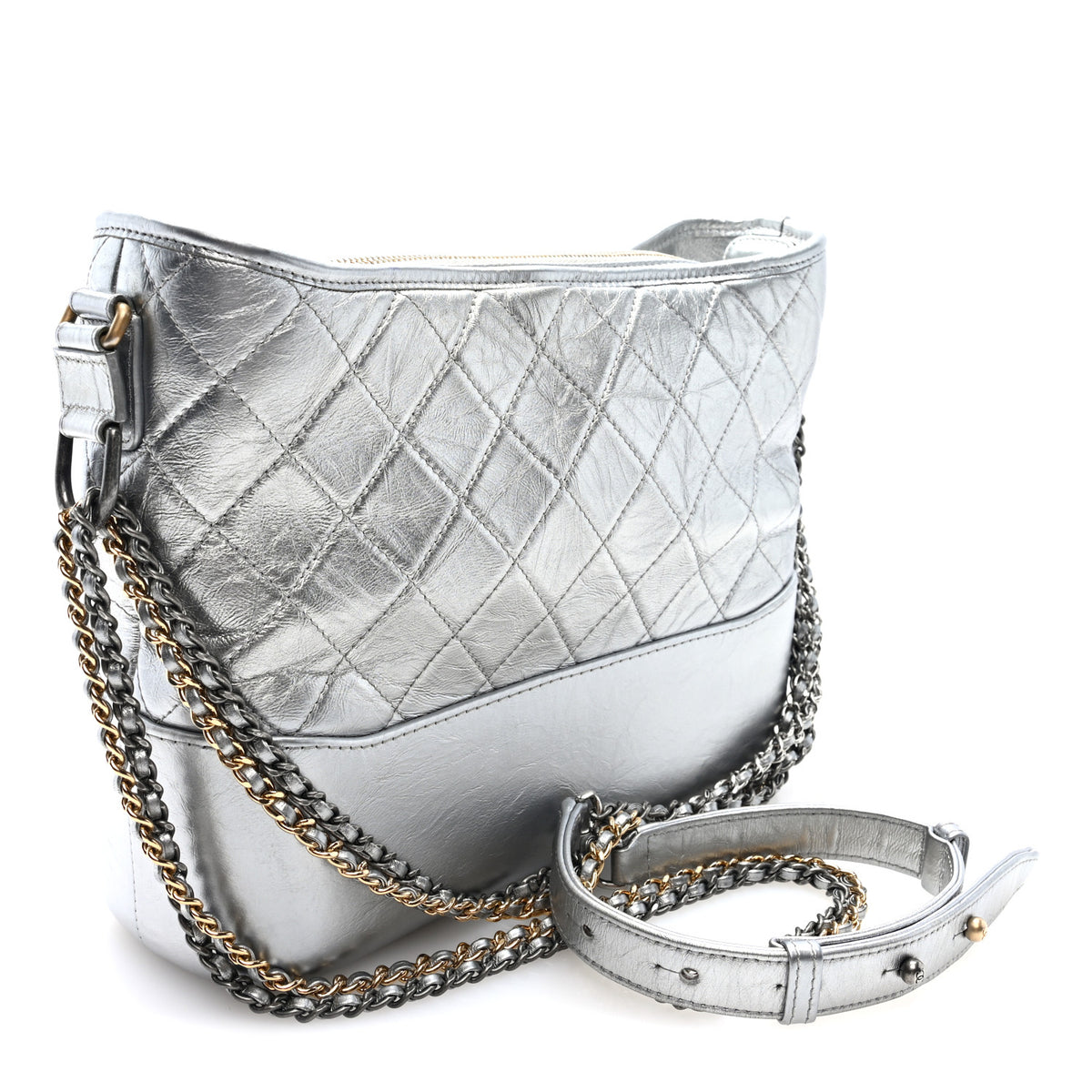Metallic Aged Calfskin Quilted Medium Gabrielle Silver