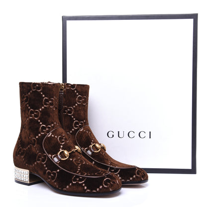 Gucci Velvet GG Monogram Crystal Horsebit Ankle Boots 35.5 Brown Vintage Cocoa 13 of 13