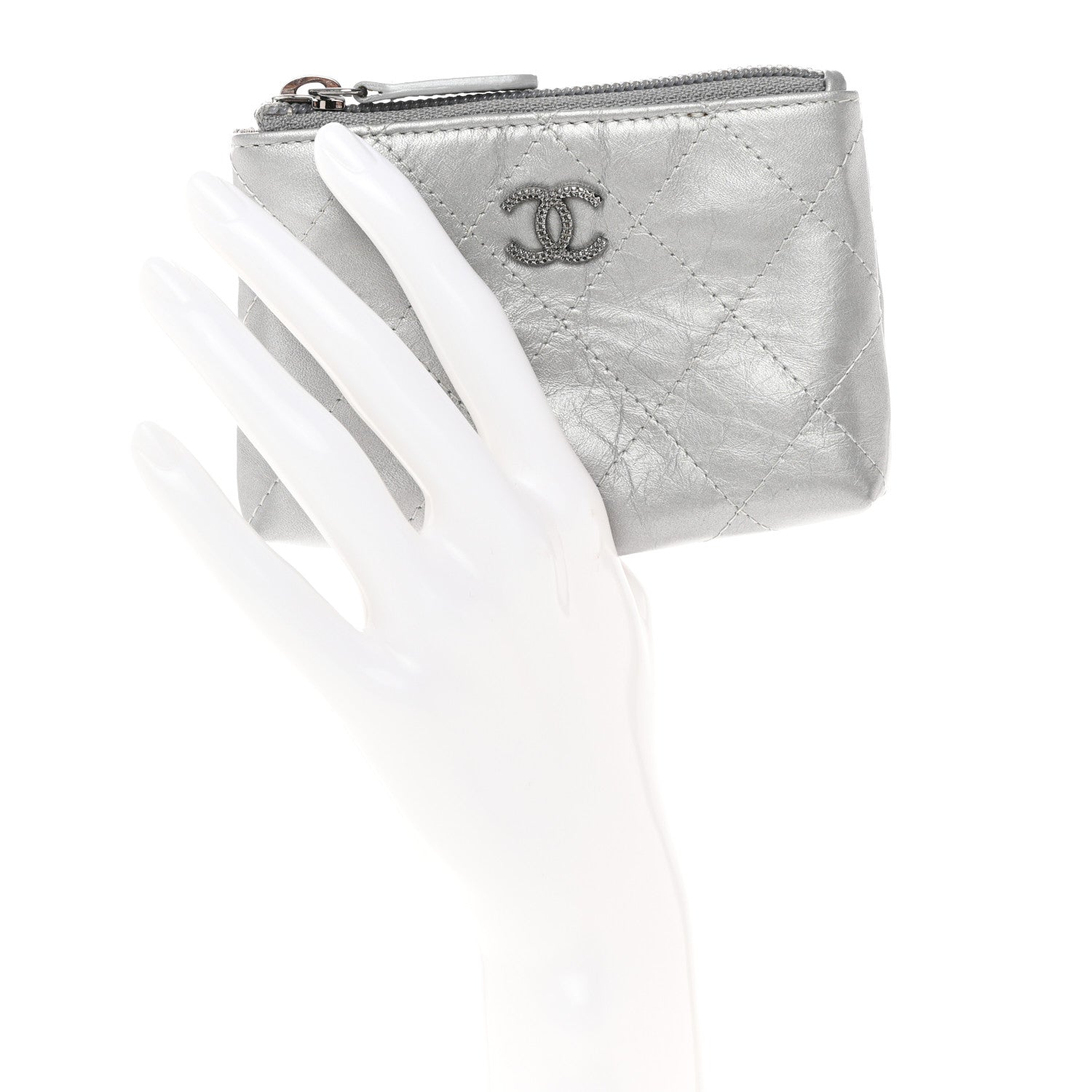 Chanel Metallic Aged Calfskin Quilted Palette Key Holder Case Silver 2 of 8