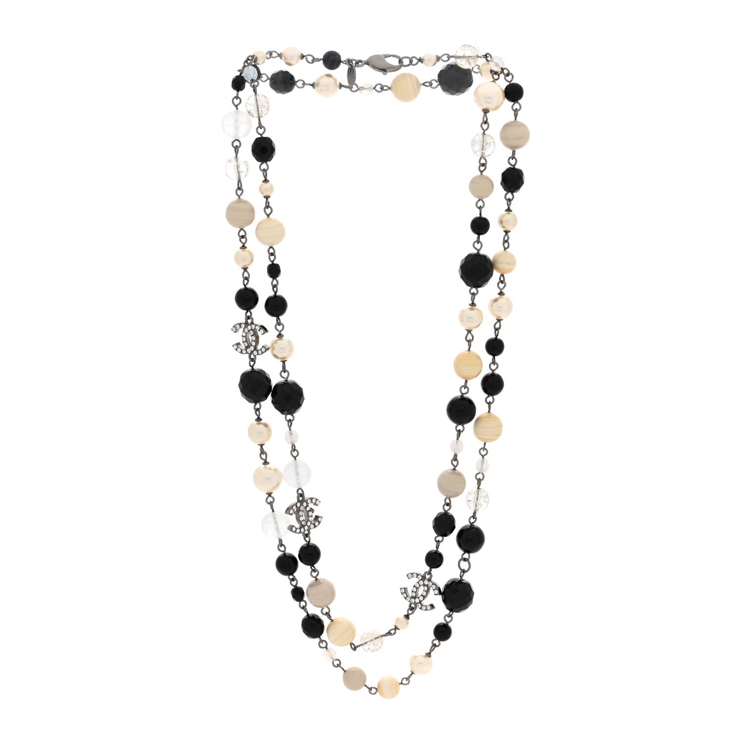 Chanel Pearl Crystal Bead CC Long Necklace Black Silver 3 of 4