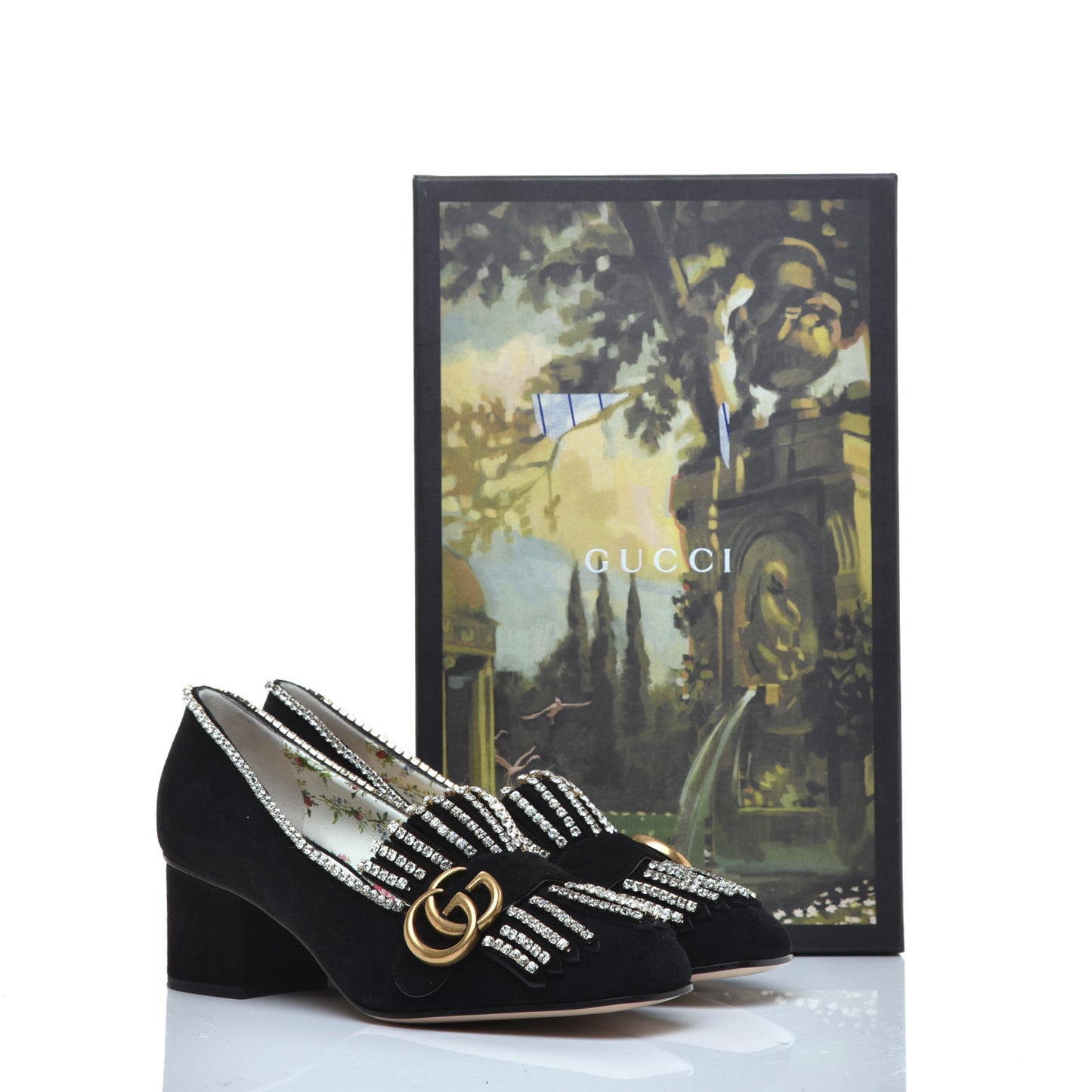 Kid Scamosciato Crystal GG Marmont Fringe 50mm Loafer Pumps 37 Black