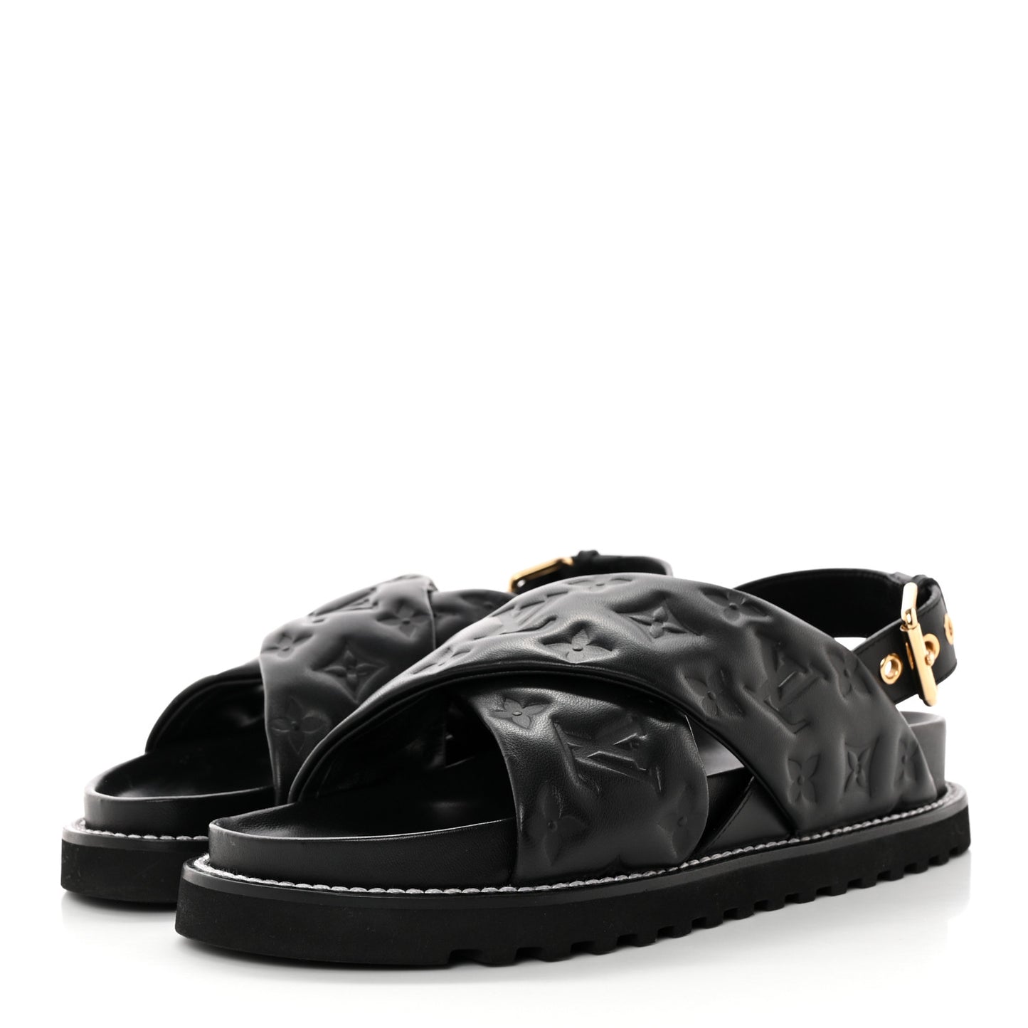 Lambskin Monogram Embossed Paseo Flat Comfort Sandals 39 Black