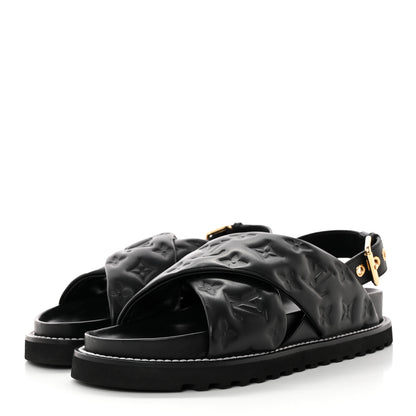 Louis Vuitton Lambskin Monogram Embossed Paseo Flat Comfort Sandals 39 Black 3 of 9