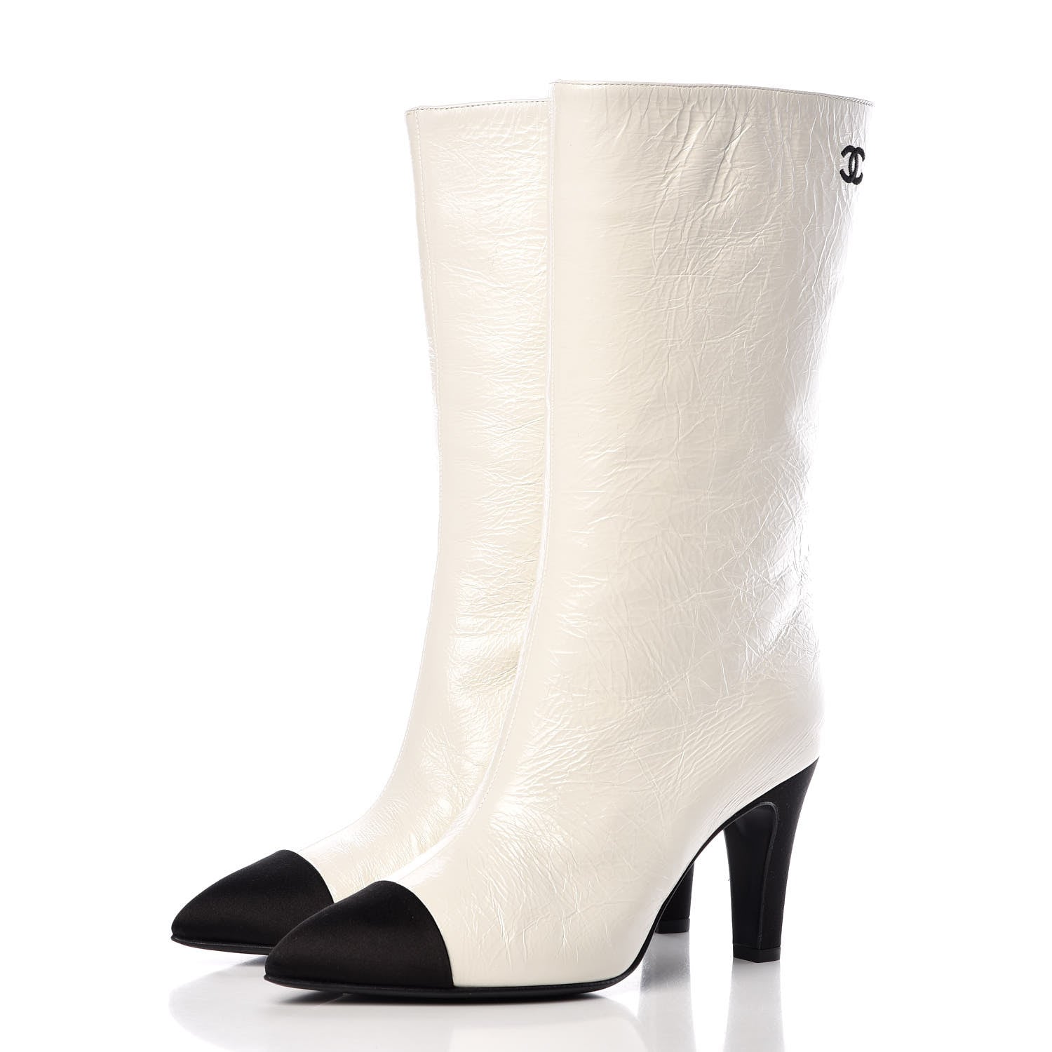 Chanel Crumpled Calfskin Satin Cap Toe Short Boots 38.5 White Black 3 of 12