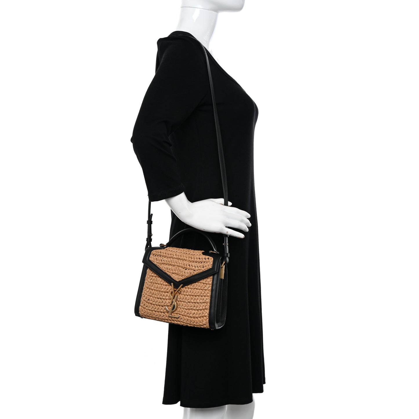 Raffia Calfskin Mini Classic Monogram Cassandra Top Handle Black Natural