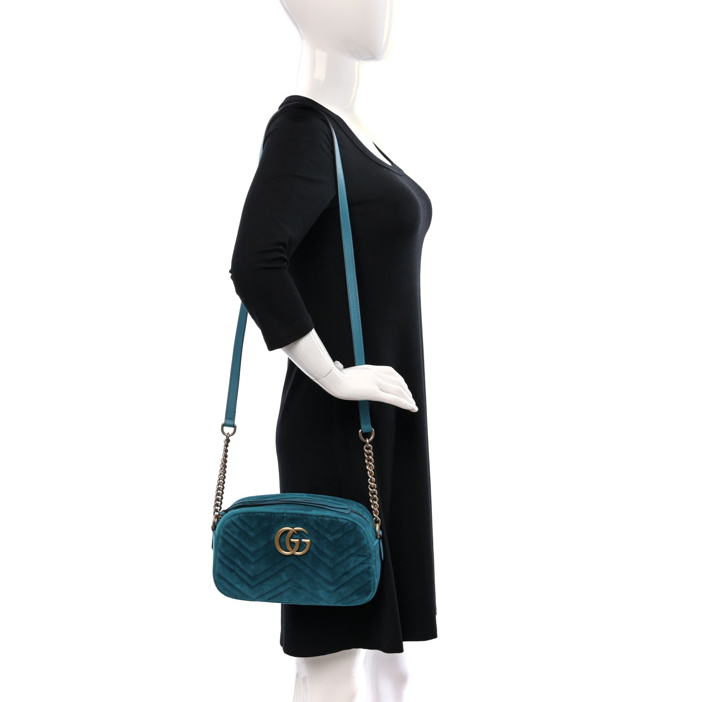 Velvet Matelasse Small GG Marmont Chain Shoulder Bag Pavone Cyan