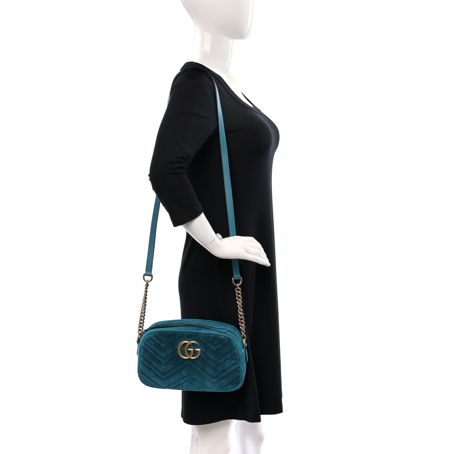 Gucci Velvet Matelasse Small GG Marmont Chain Shoulder Bag Pavone Cyan 2 of 9
