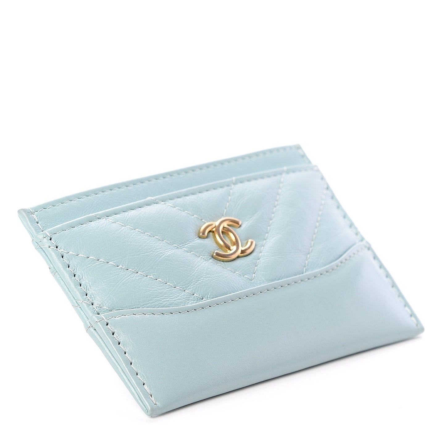 Aged Calfskin Chevron Quilted Gabrielle Card Holder Wallet Light Blue