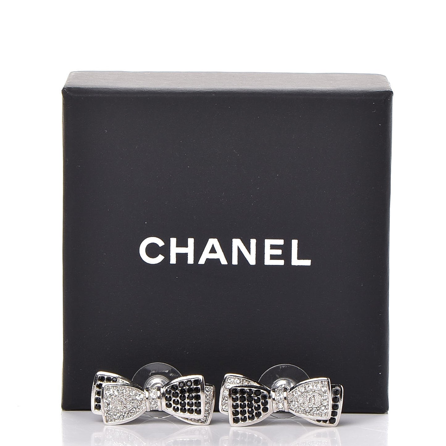 Crystal CC Bow Earrings Black Silver