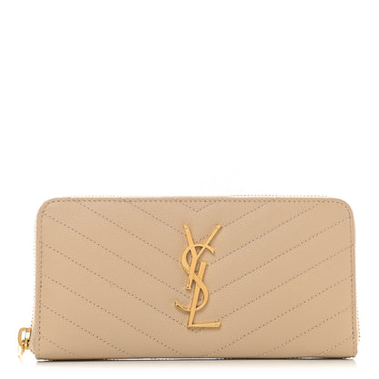 Saint Laurent Grain De Poudre Matelasse Chevron Monogram Zip Around Wallet Nude 1 of 6
