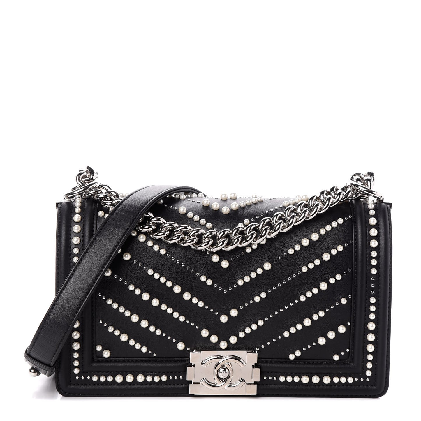 Calfskin Pearl Chevron Medium Boy Flap Black