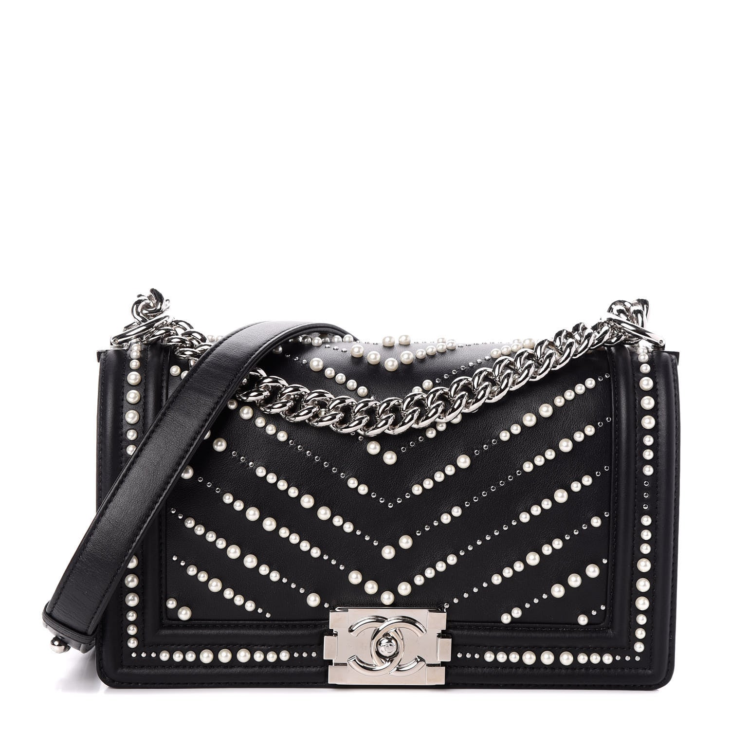 Chanel Calfskin Pearl Chevron Medium Boy Flap Black 1 of 10