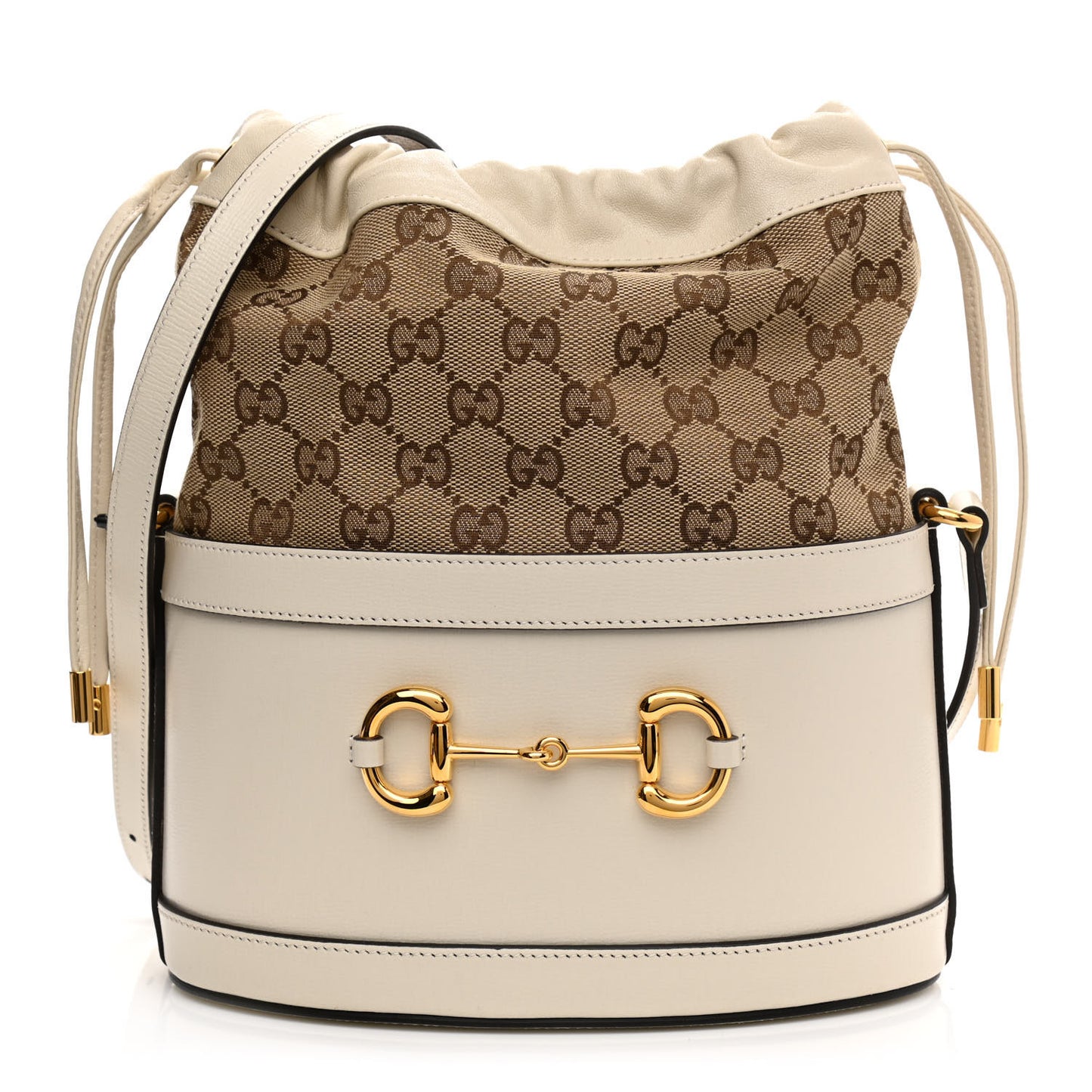Monogram Textured Calfskin Horsebit 1955 Drawstring Bucket Bag Beige Mystic White