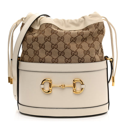 Gucci Monogram Textured Calfskin Horsebit 1955 Drawstring Bucket Bag Beige Mystic White 1 of 11