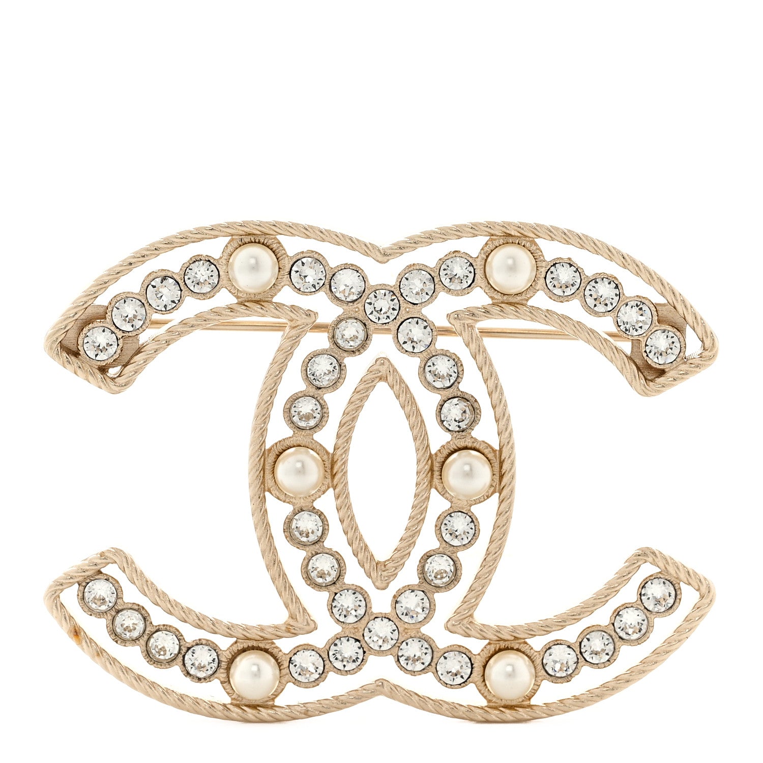 Chanel Pearl Crystal CC Brooch Gold 1 of 3