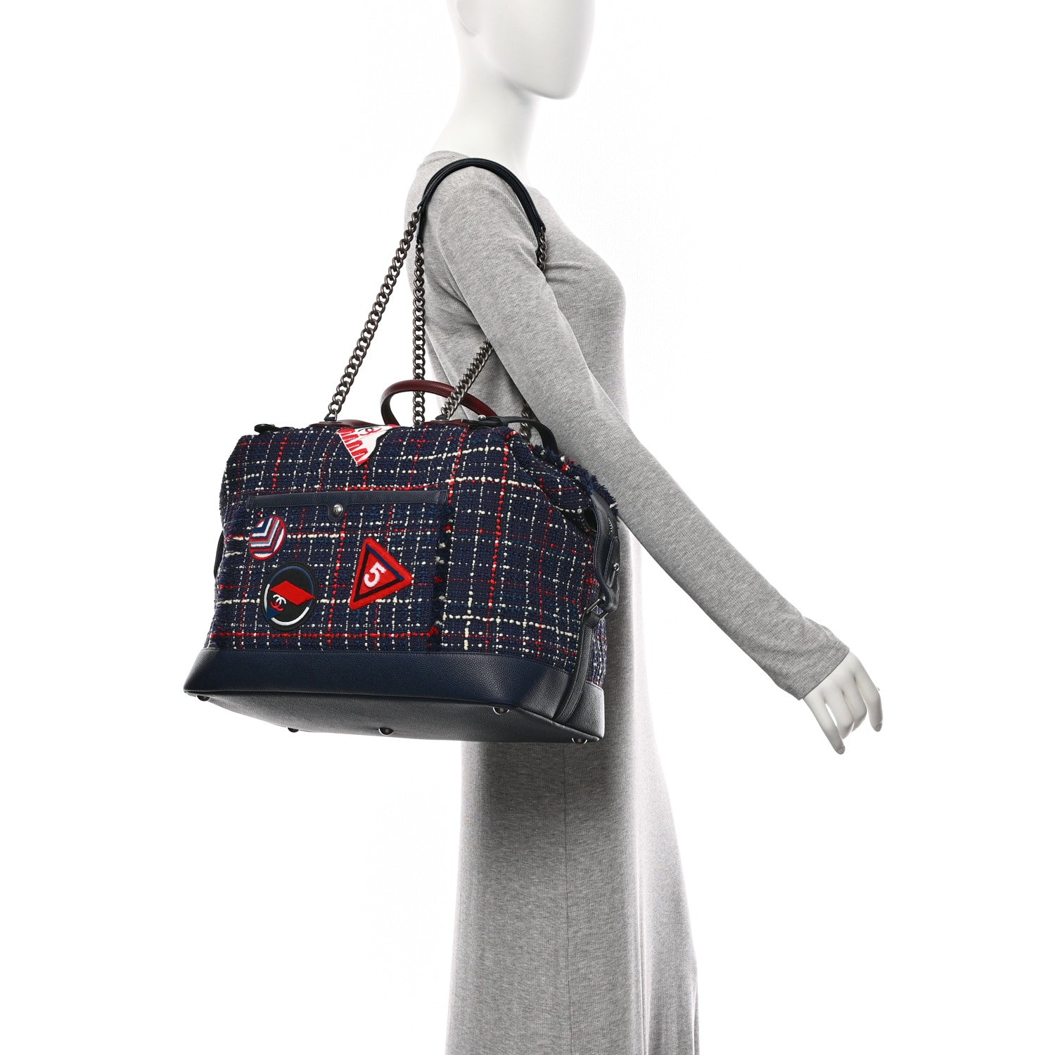 Chanel Tweed Large Trip Bowling Bag  Navy Burgundy 2 of 10