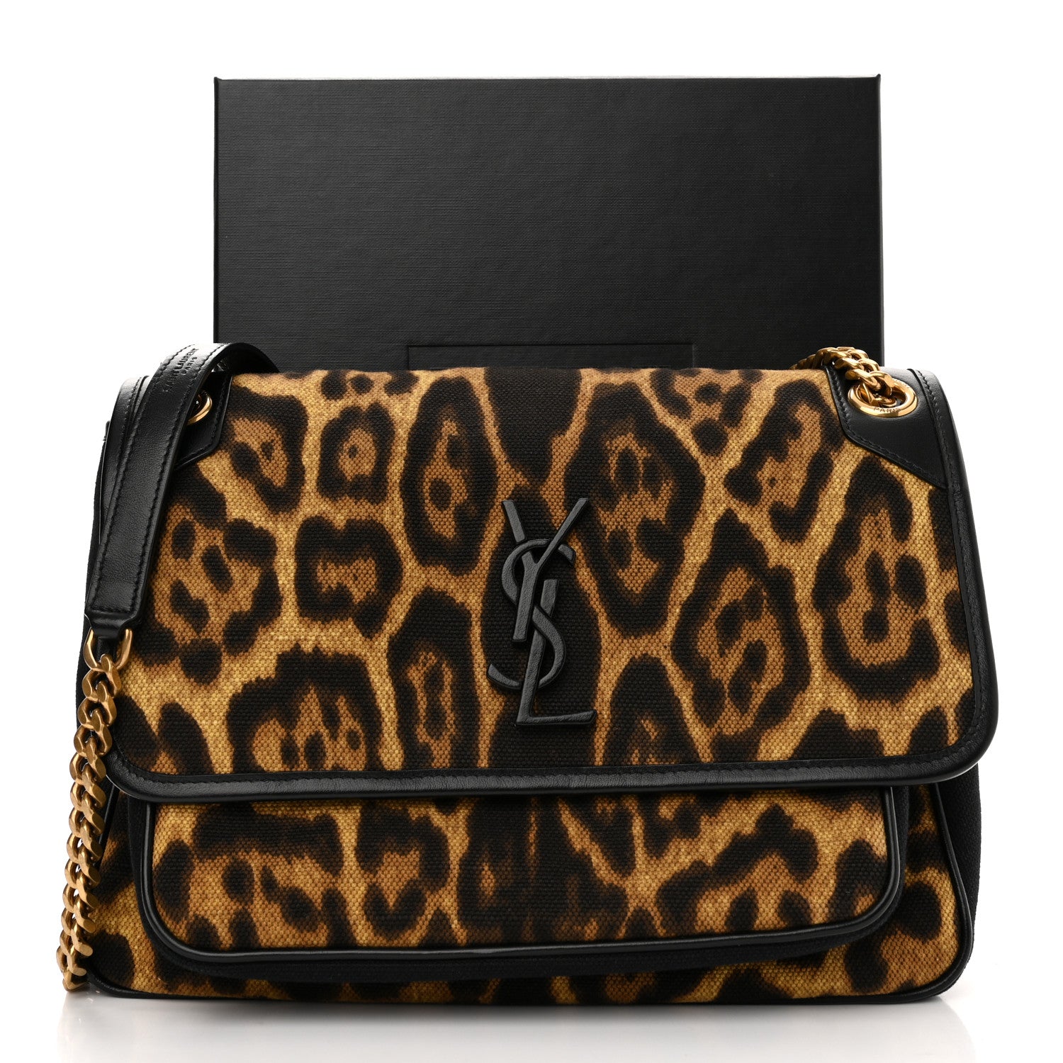 Saint Laurent Smooth Calfskin Canvas Leopard Print Medium Niki Chain Satchel Light Natural 11 of 11