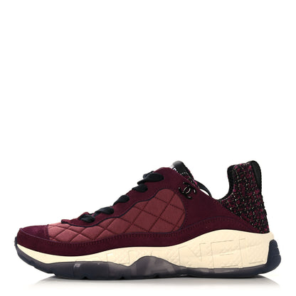 Chanel Tweed Suede Calfskin Grained Calfskin Womens CC Sneakers 39.5 Burgundy Black Silver 1 of 8