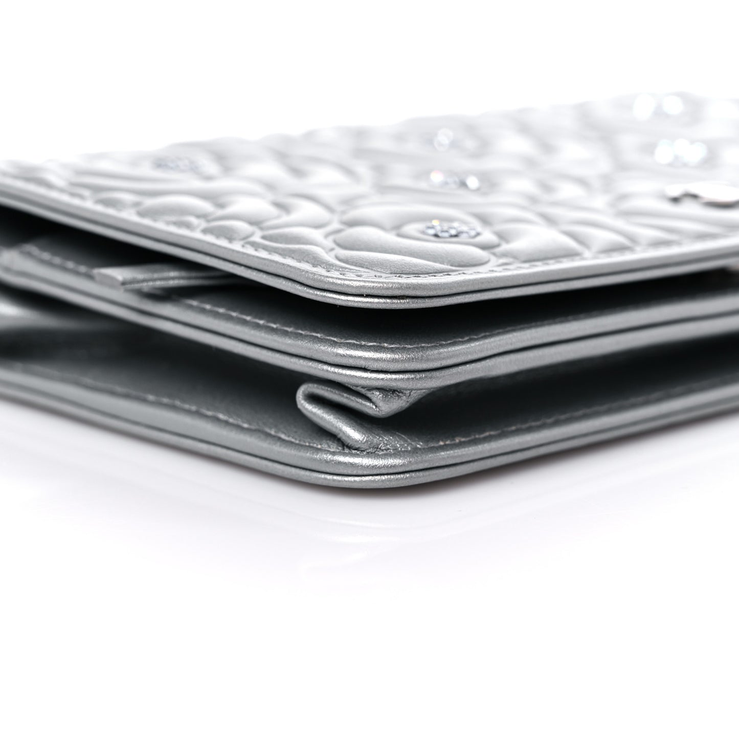 Metallic Lambskin Crystal Camellia Embossed Wallet On Chain WOC Silver