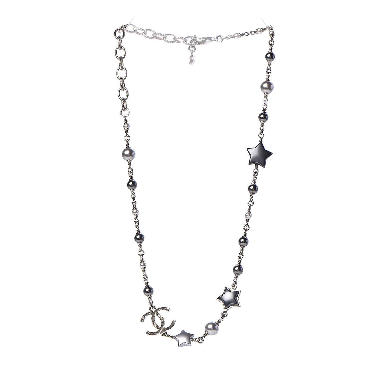 Metal Resin Pearl Star CC Necklace Silver