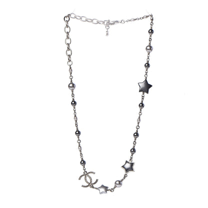 Chanel Metal Resin Pearl Star CC Necklace Silver 3 of 6