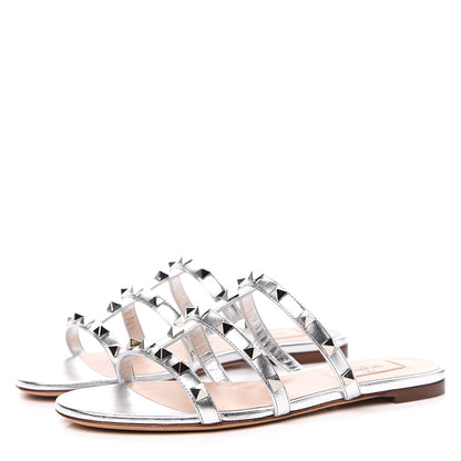 Valentino Garavani Metallic Nappa Rockstud Caged Flat Slide Sandals 35.5 Silver 3 of 9