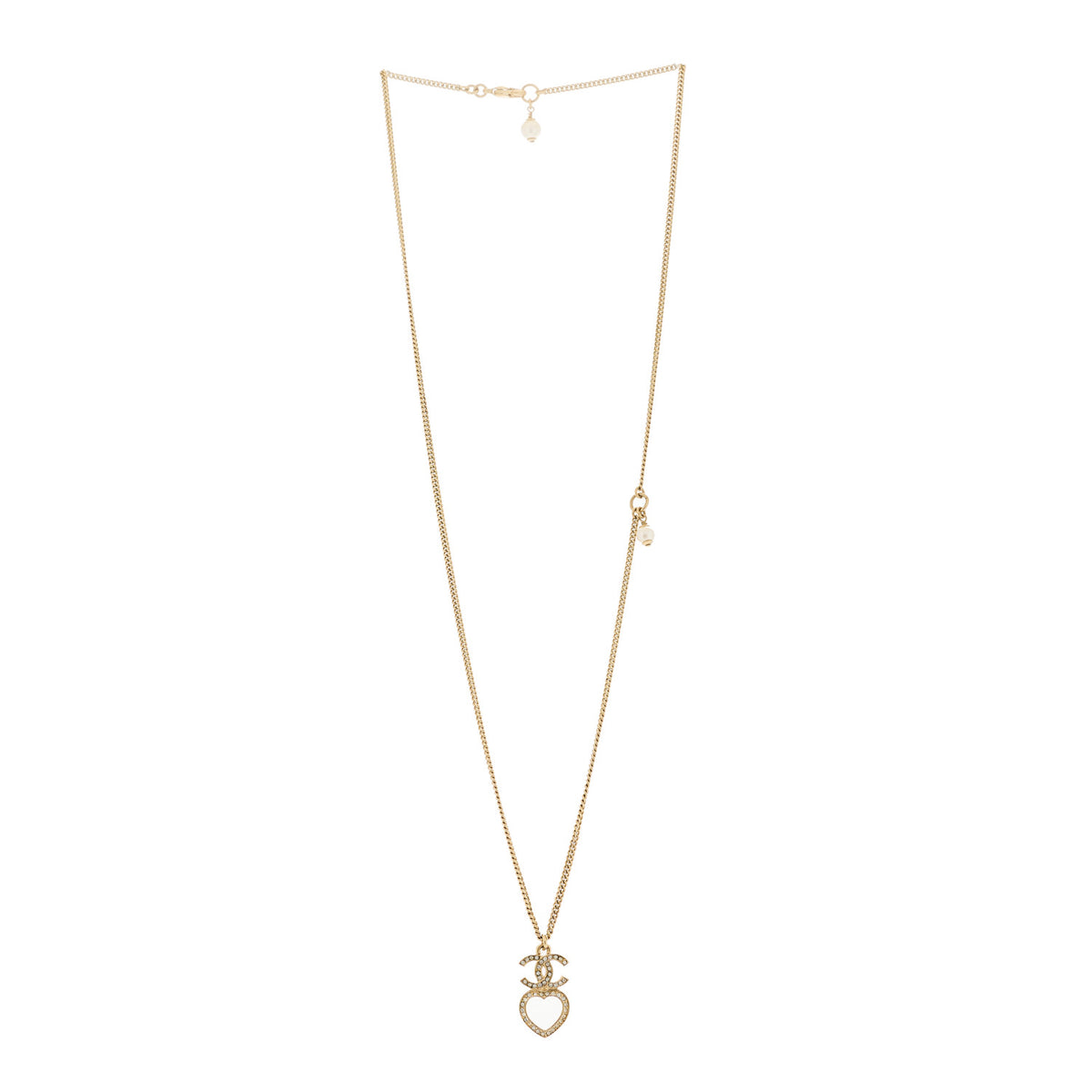 Chanel Crystal Pearl CC Heart Drop Chain Necklace Gold 3 of 5