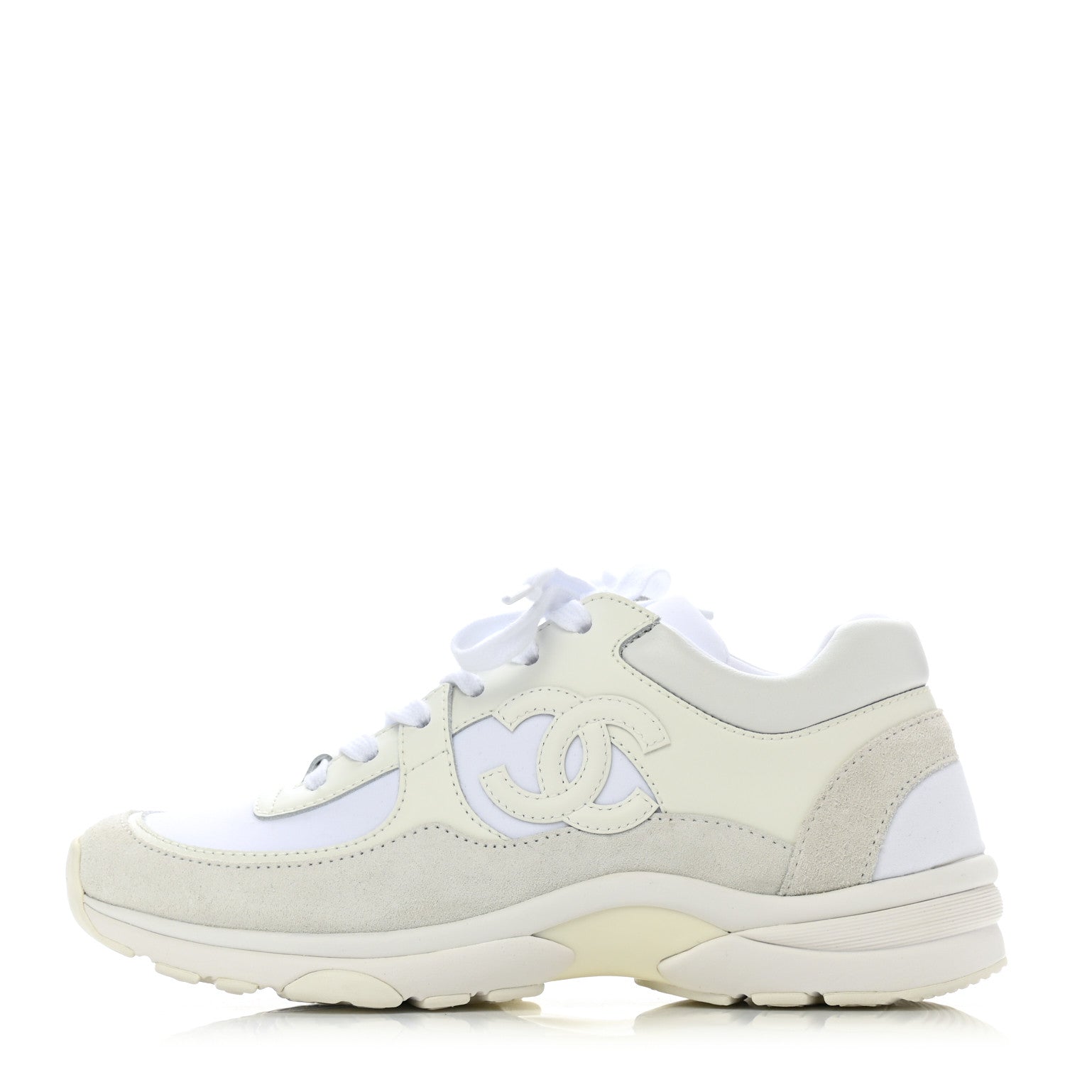 Chanel Mesh Suede Calfskin Grained Calfskin Womens CC Sneakers 37 White 1 of 9