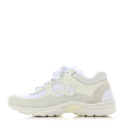 Chanel Mesh Suede Calfskin Grained Calfskin Womens CC Sneakers 37 White 1 of 9