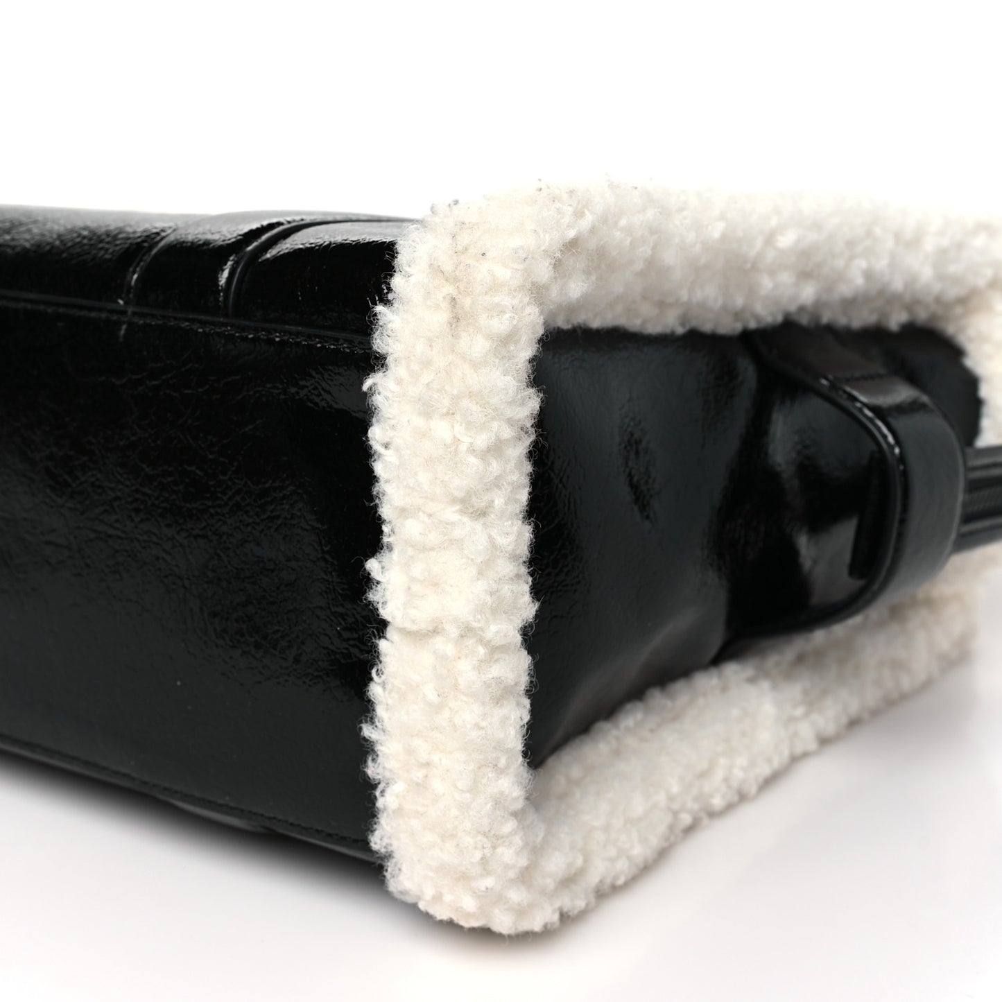 Shiny Calfskin Faux Shearling Small The Traveler Tote Bag Black