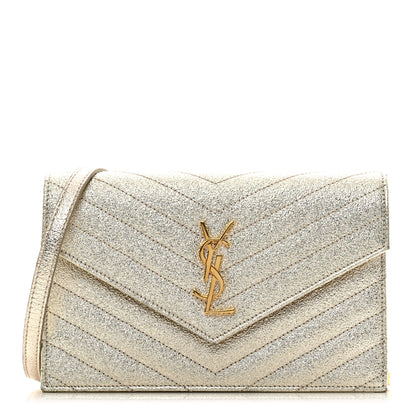 Saint Laurent Metallic Crackled Calfskin Matelasse Chevron Monogram Envelope Chain Wallet Gold 1 of 11