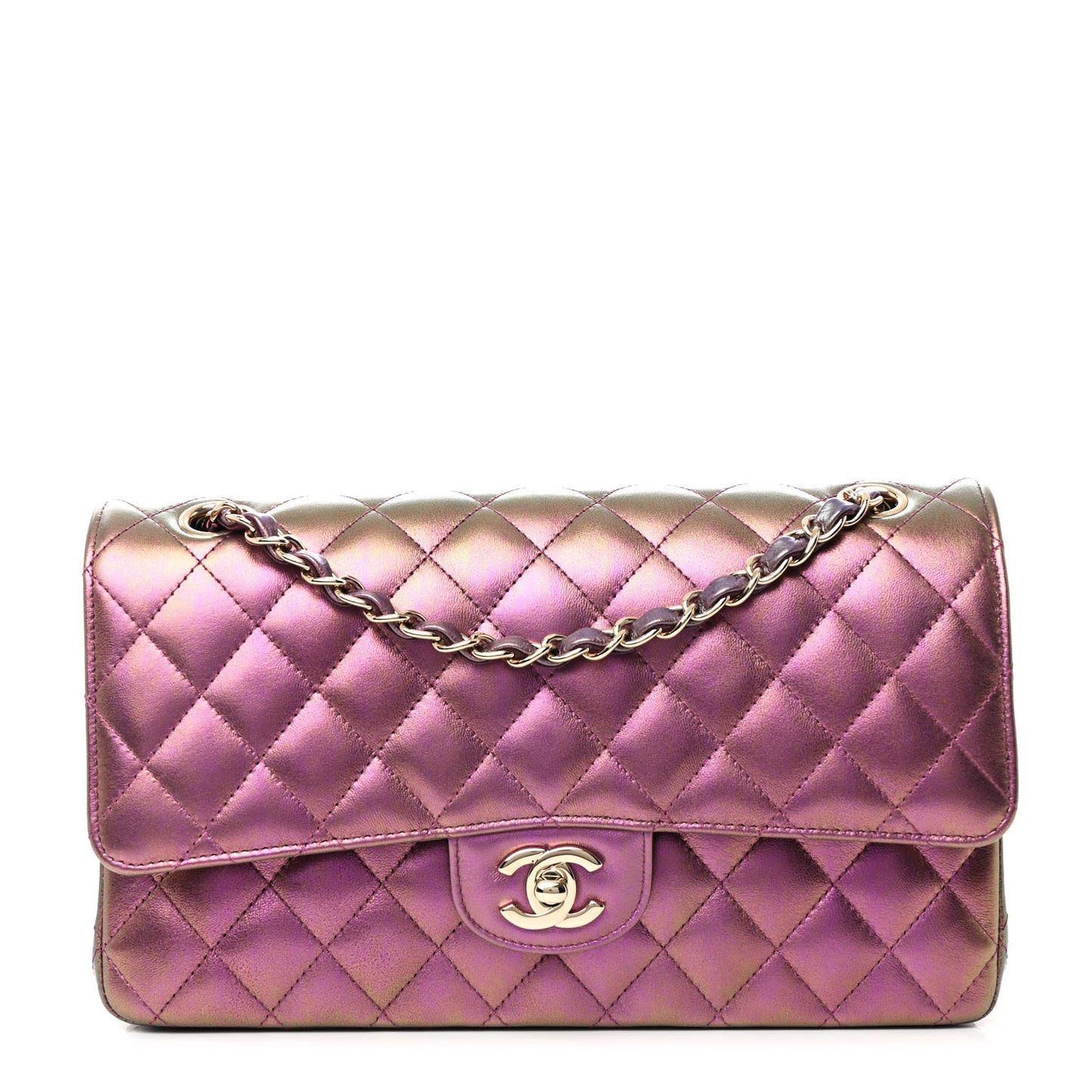 Iridescent Lambskin Quilted Medium Double Flap Purple