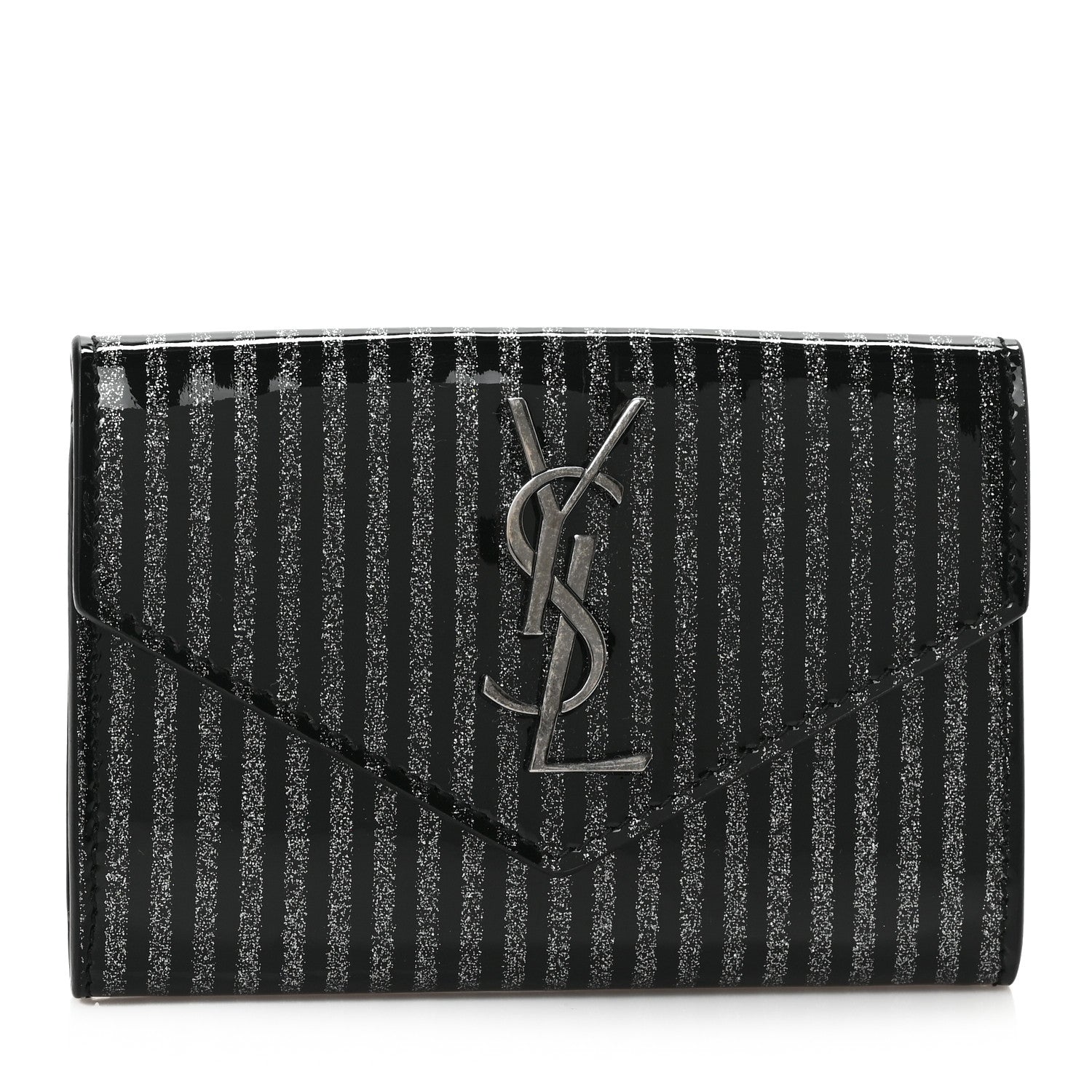 Saint Laurent Patent Glitter Striped Wallet Black Silver 1 of 6