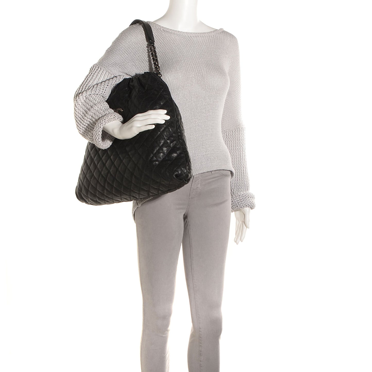Distressed Glazed Caviar Quilted Large Elastic Tote Black