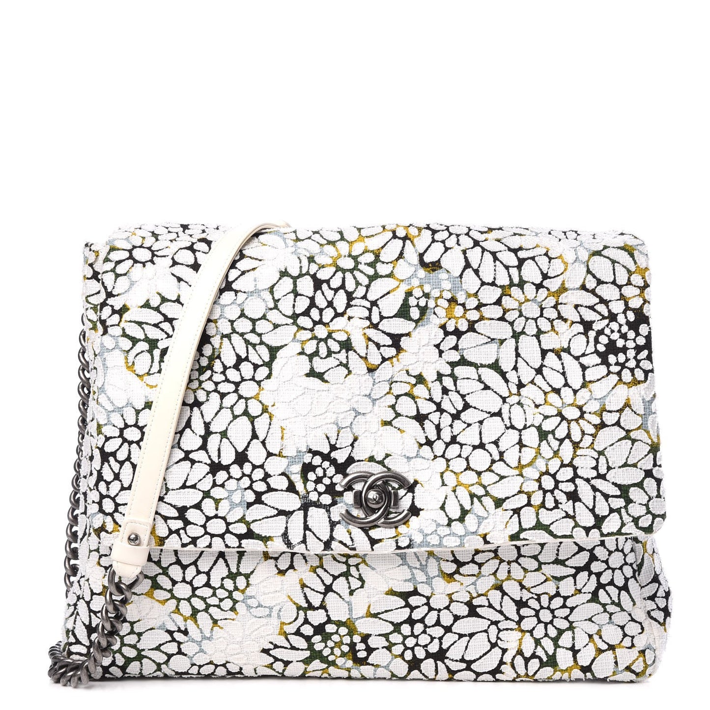 Tweed Calfskin Floral Messenger Flap Green Black White