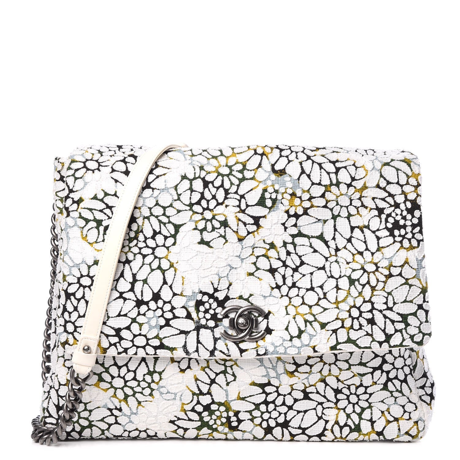 Chanel Tweed Calfskin Floral Messenger Flap Green Black White 1 of 7