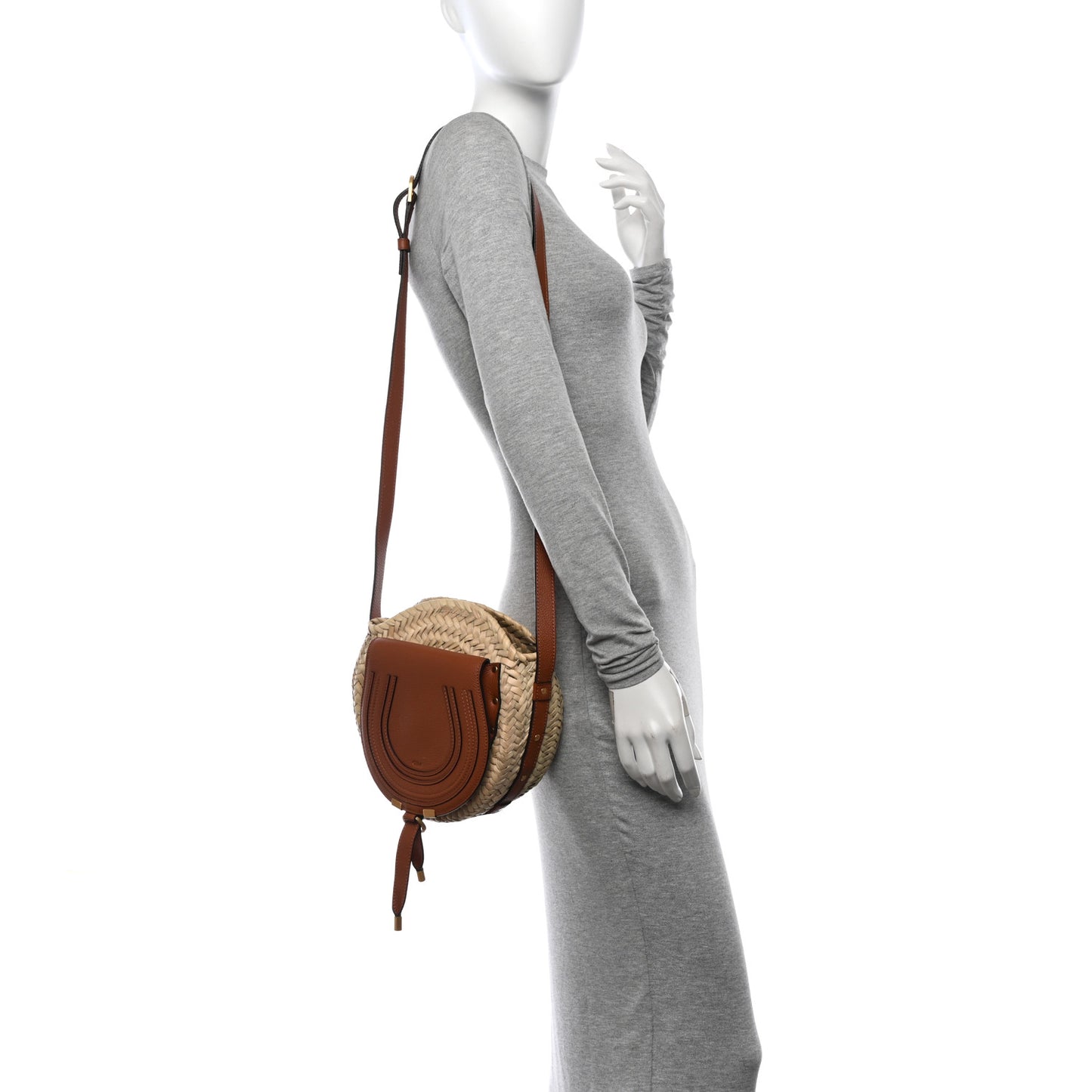 Raffia Small Grain Calfskin Small Marcie Basket Crossbody Tan