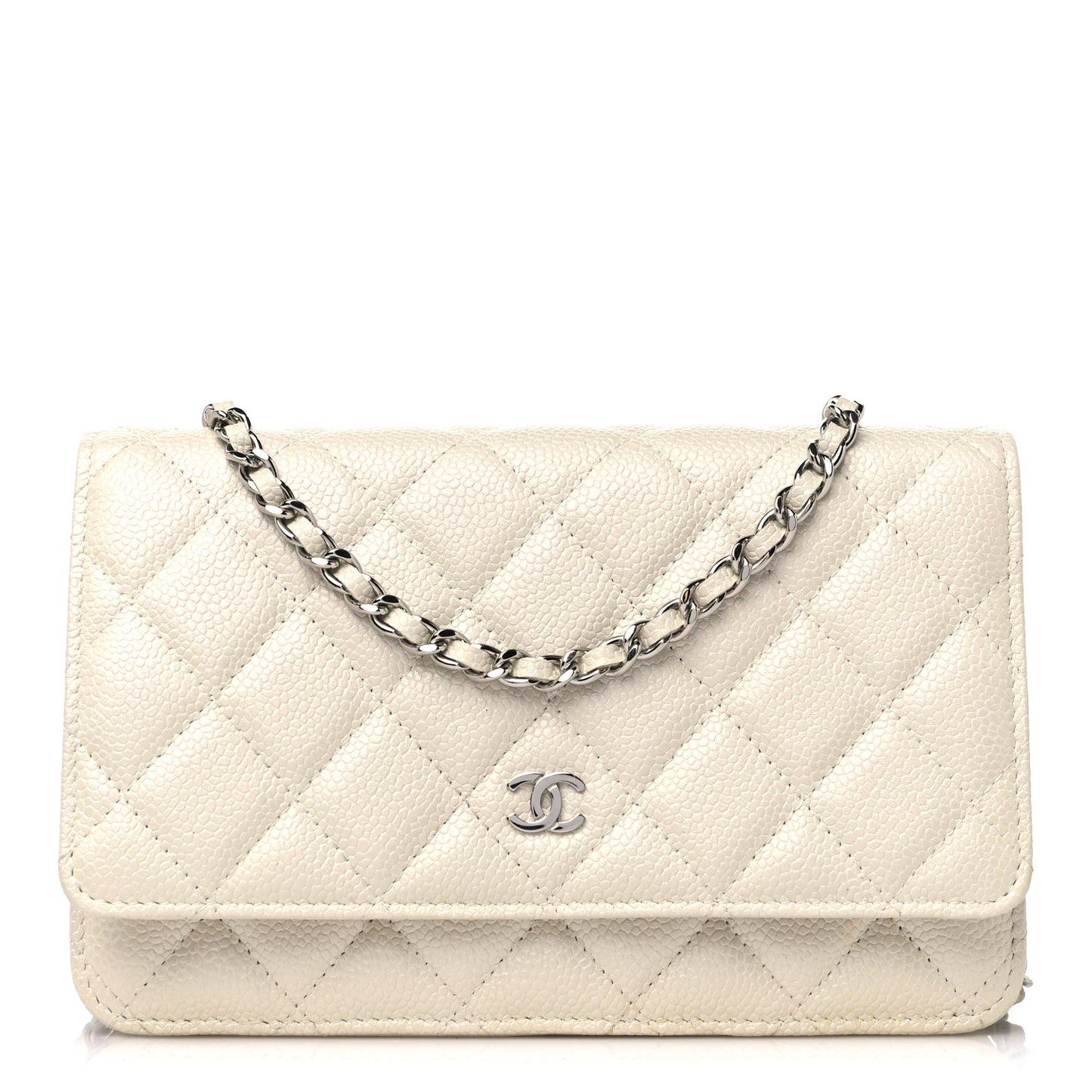 Iridescent Caviar Quilted Wallet on Chain WOC Ivory