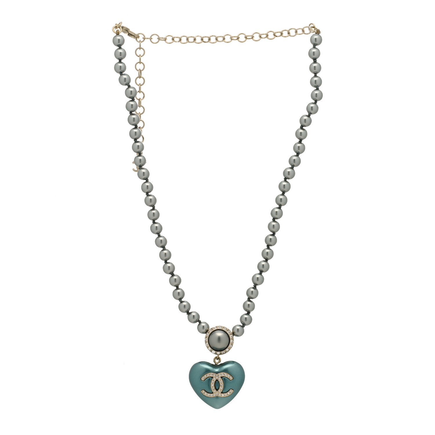 Chanel Pearl Crystal CC Heart Short Necklace Silver Blue 3 of 5
