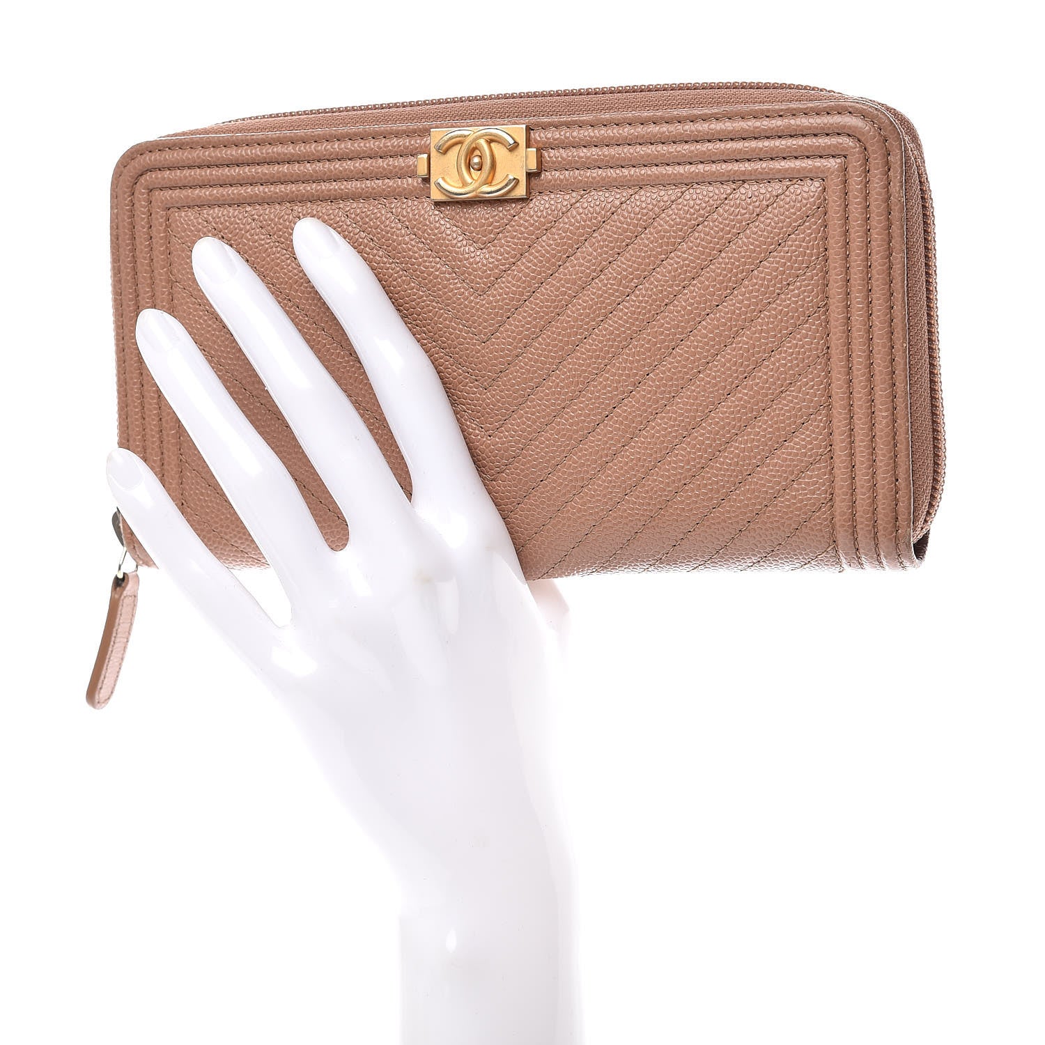 Chanel Caviar Chevron Quilted Zip Around Boy Wallet Light Brown 2 of 8