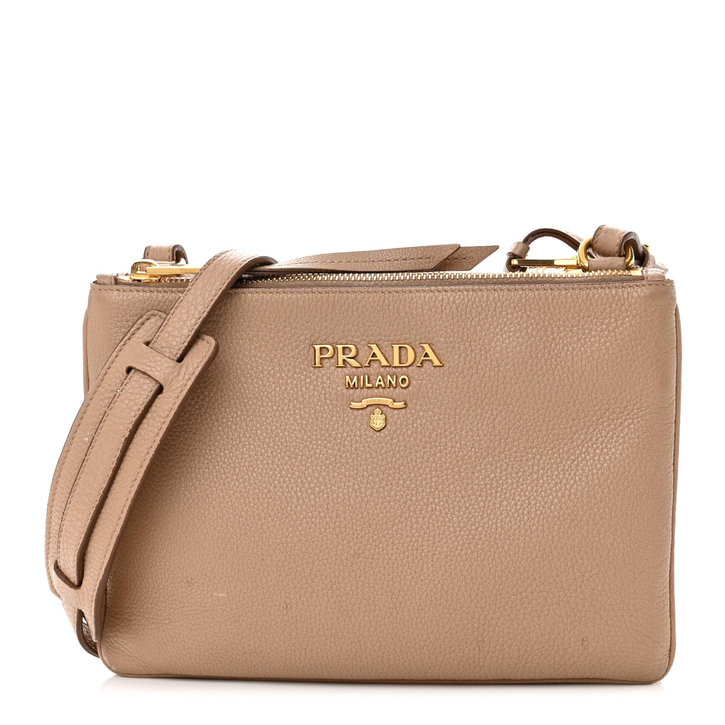 Vitello Daino Double Zip Crossbody Bag Cammeo