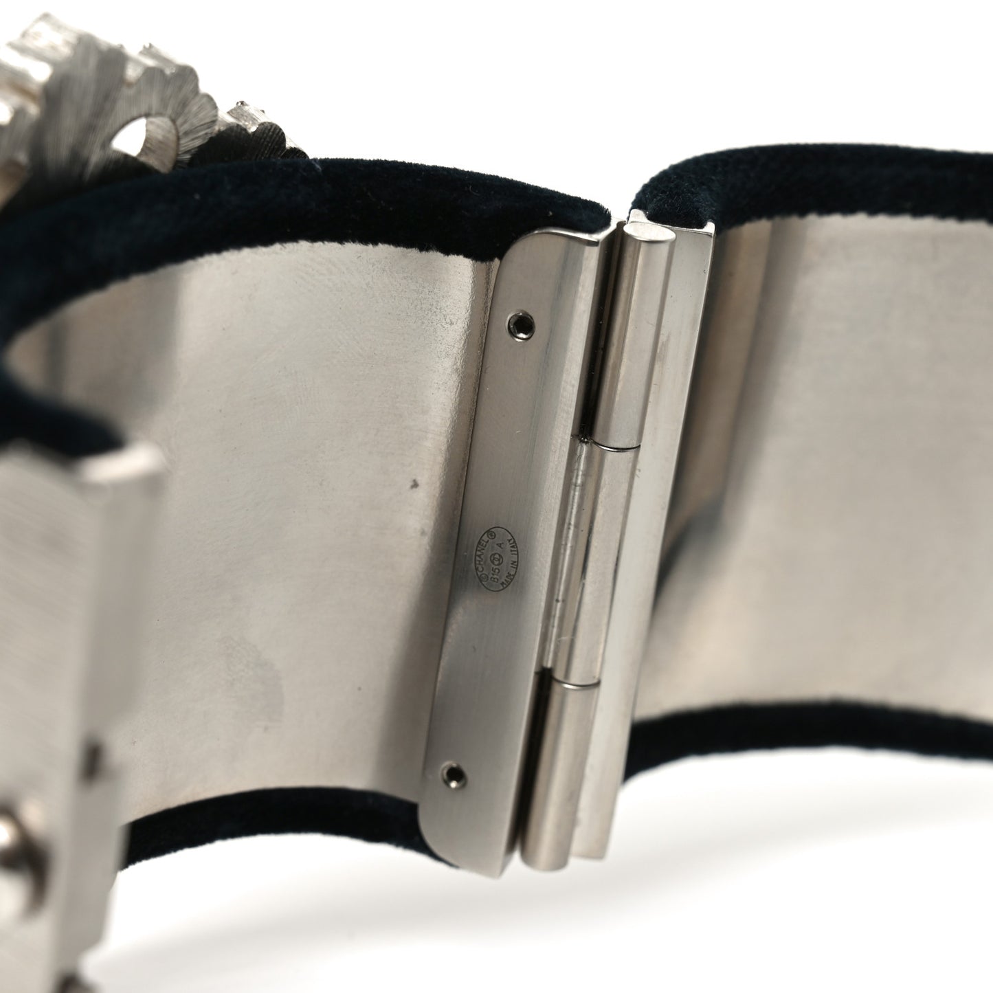 Metal Velvet Crystal Flower CC Wide Cuff Bracelet Silver Black