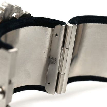 Chanel Metal Velvet Crystal Flower CC Wide Cuff Bracelet Silver Black 4 of 5
