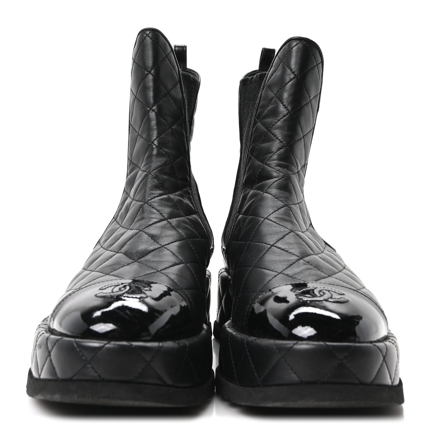 Lambskin Patent CC Cap Toe Quilted Short Platform Boots 39 Black