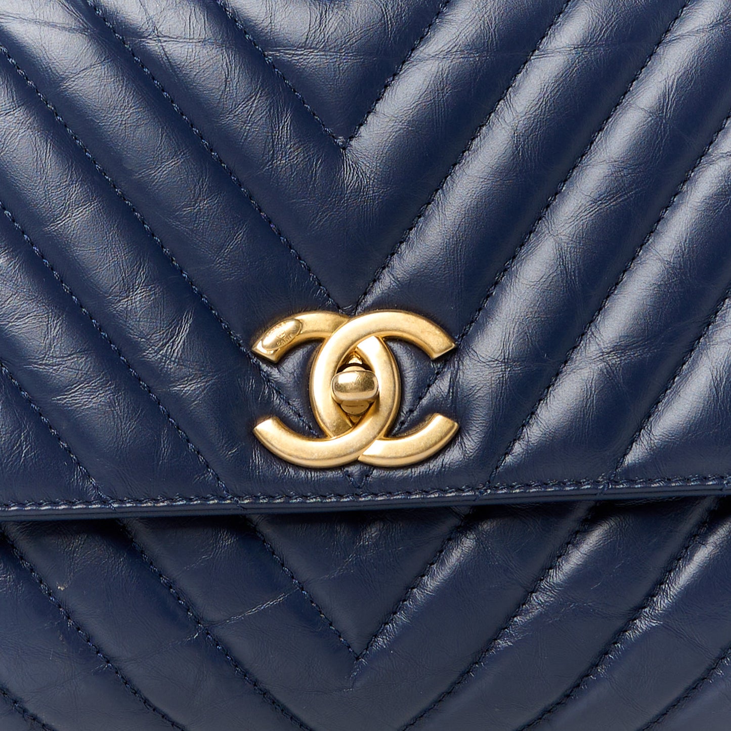 Aged Calfskin Snakeskin Chevron Quilted Small Coco Handle Flap Navy