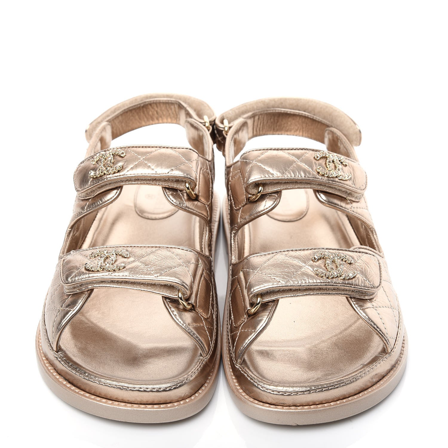 Chanel Iridescent Lambskin Quilted Velcro Dad Sandals 37.5 Light Bronze 5 of 11