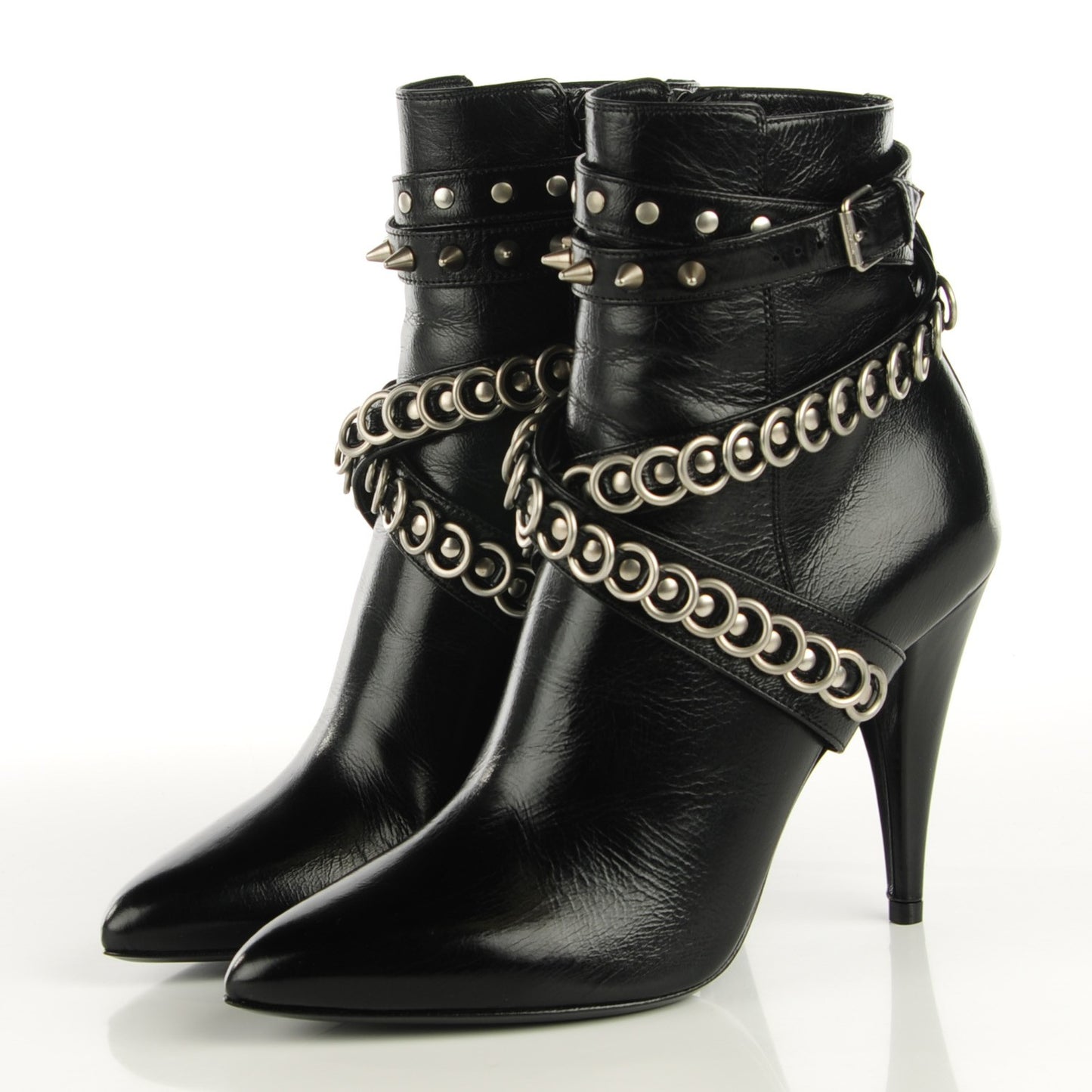 Shiny Calfskin Multi-Studded Strap Fetish 105 Ankle Boots 36 Black