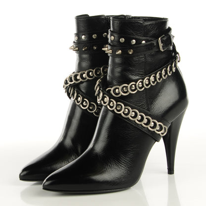 Saint Laurent Shiny Calfskin Multi-Studded Strap Fetish 105 Ankle Boots 36 Black 3 of 8